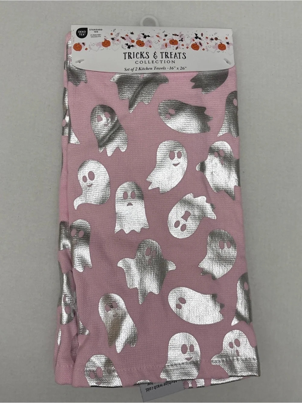 TRICKS & TREATS KITCHEN TOWELS PINK HALLOWEEN GHOSTS NEW